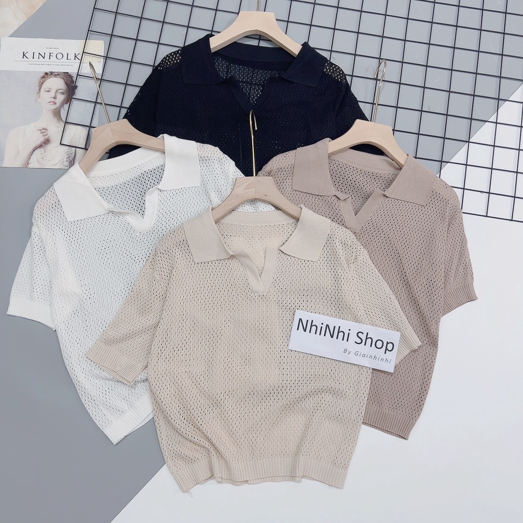 Áo polo len lỗ thưa màu trắng, Áo kiểu len cổ bẻ ngắn tay bo chun AL1379 - NhiNhi Shop