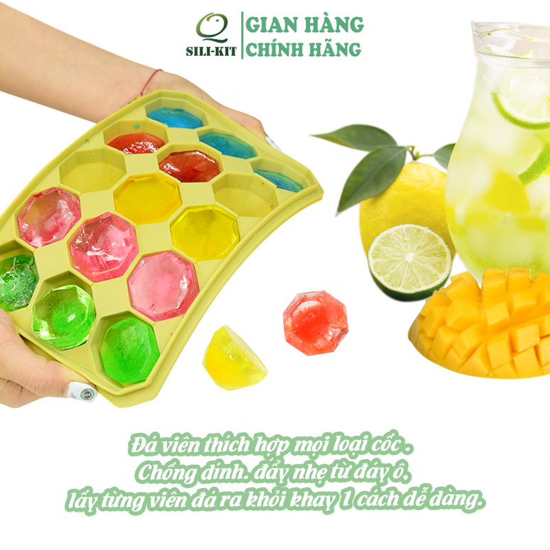 Khay làm đá silicone 15 ngăn hình kim cương SILIKIT có nắp đậy cao cấp, trữ đồ ăn chia nhỏ