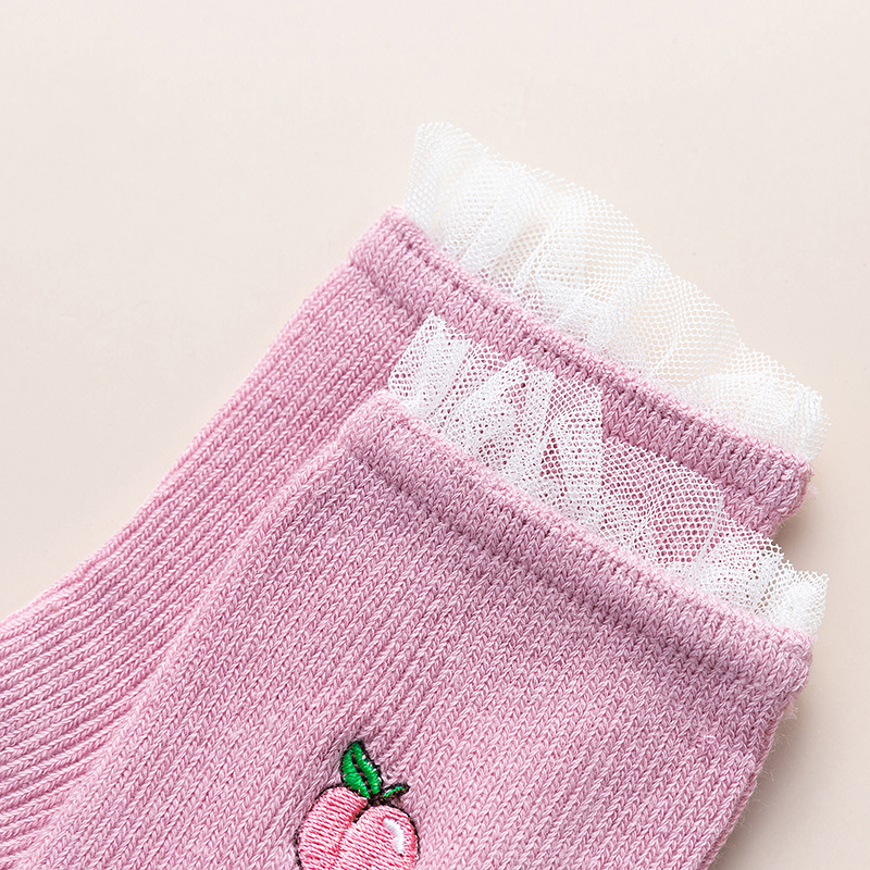 Lace Welt Fruits Embroidery Cotton Women Sweet Short Socks High Quality Solid Color Girls Crew Socks Elastic Cute Novlty Socks