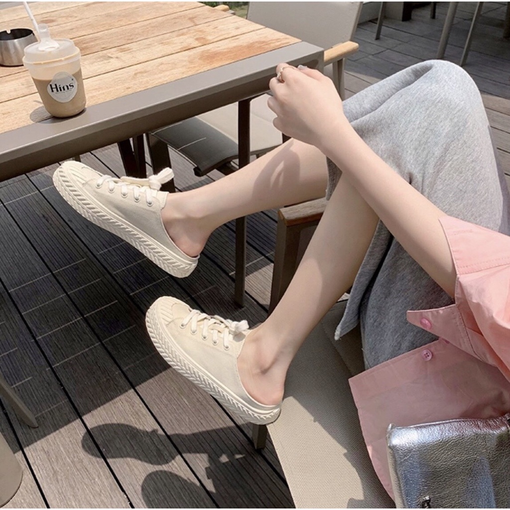 Giày sục thể thao nữ đạp gót màu trắng trơn vải canvas đế độn cao 3cm - LAPA