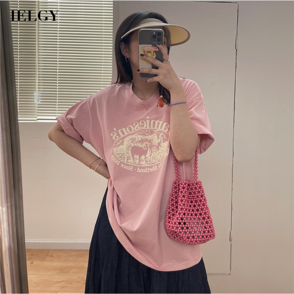 Áo thun IELGY tay lỡ cổ tròn dáng rộng thời trang Harajuku Hàn Quốc thích hợp cho nữ