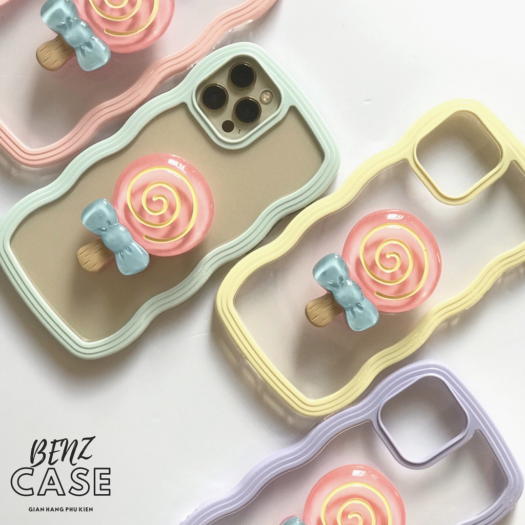 Ốp lưng iPhone 2 mảnh gợn sóng kèm chân đế hình kẹo que siêu cute, chất liệu nhựa dẻo ốp sát viền máy