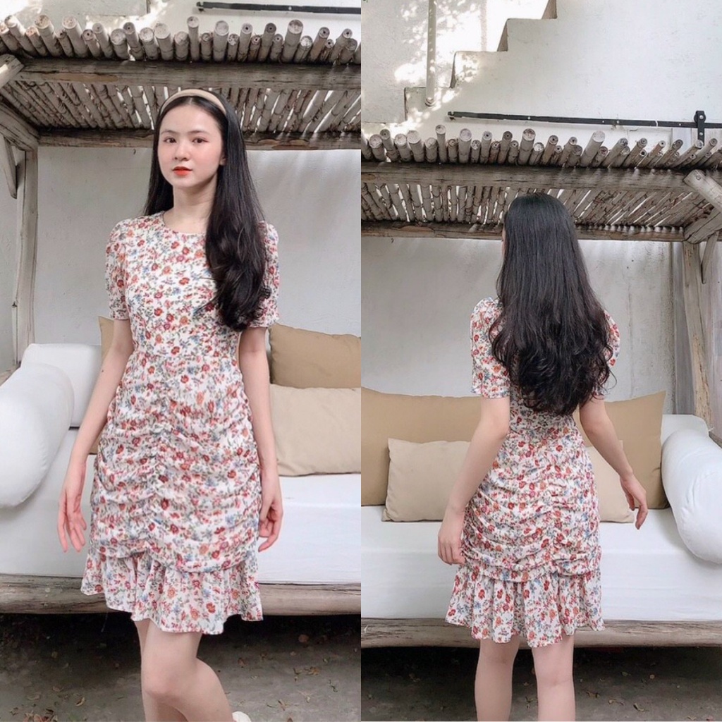 Đầm hoa nhí nhún thân, Váy hoa nhí body Cao Cấp dáng ôm nhún đuôi cá xòe, tay ngắn cổ tròn, mặc dự tiệc công sở, nữ tính