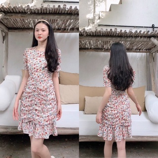 Đầm hoa nhí nhún thân, Váy hoa nhí body Cao Cấp dáng ôm nhún đuôi cá xòe, tay ngắn cổ tròn, mặc dự tiệc công sở, nữ tính