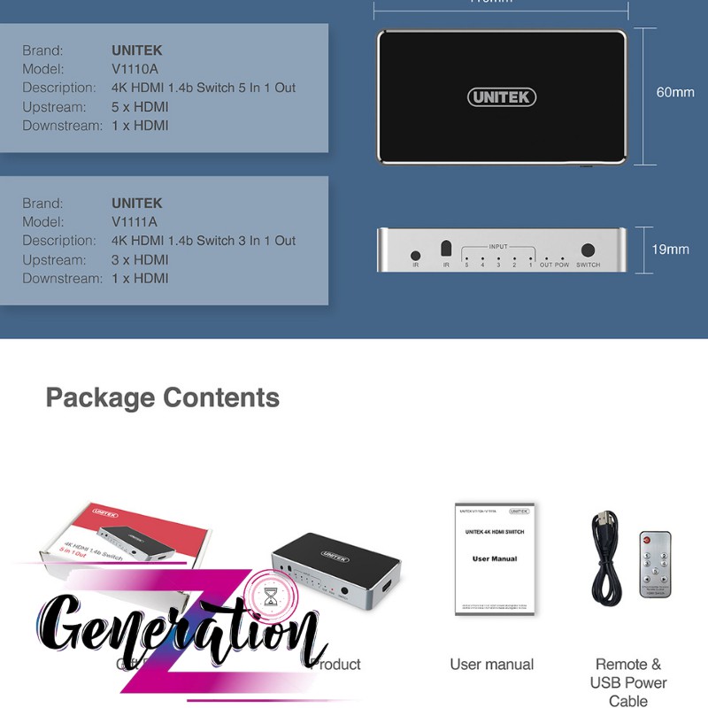 BỘ GỘP HDMI VÀO 3 RA 1 CHUẨN 1.4/4K UNITEK (V1111A)