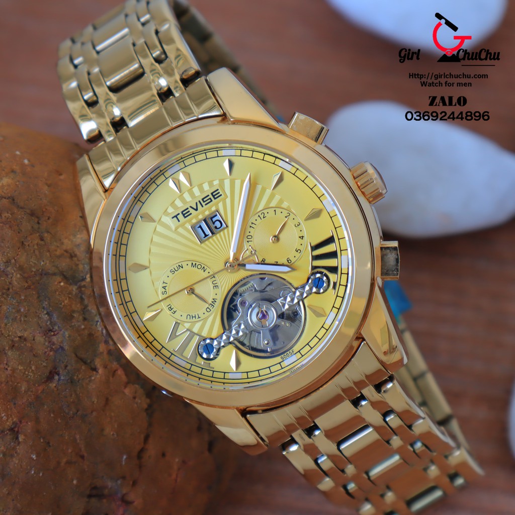 Đồng hồ nam Tevise 5 kim full vàng, mẫu đồng hồ cơ thiết kế cực đẹp mắt với chất liệu từ thép không gỉ