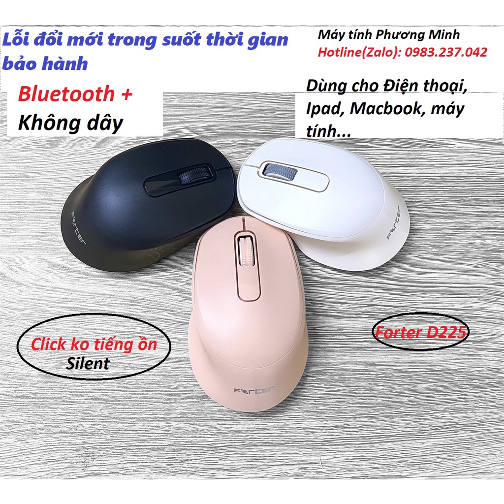 Chuột Không dây+ BLUETOOTH  FORTER D225 dùng cho Điện thoại, Ipad, Macbook, máy tính (Đen, hồng, trắng)- Hàng chính hãng