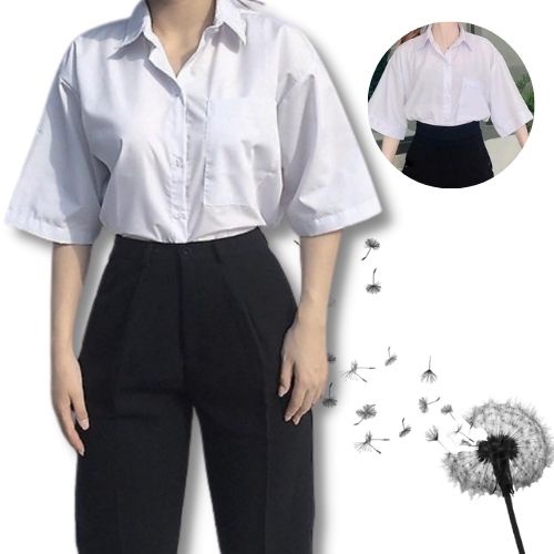 Áo sơ mi nữ form rộng tay ngắn lỡ kiểu dáng basic màu trắng dáng suông style đi học sinh viên có túi ngực