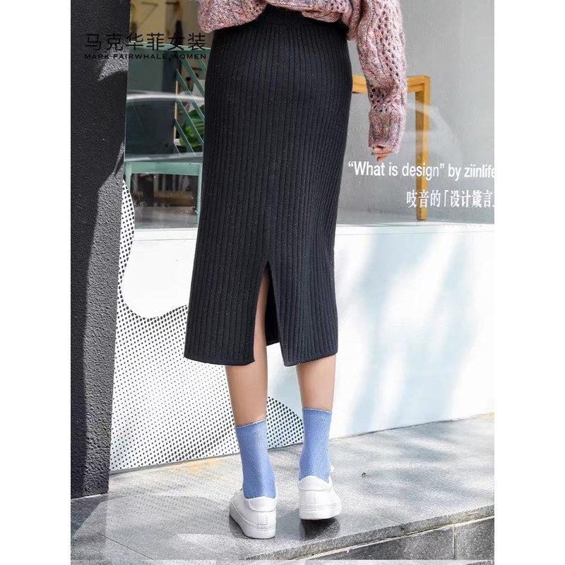 [Hàng Quảng Châu]SP042 Chân váy len midi xẻ tà túi vuông