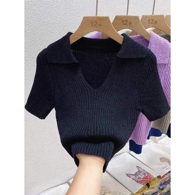 Áo montoghi gân cổ bẻ v cộc tay croptop mới mẻ tôn dáng xinh