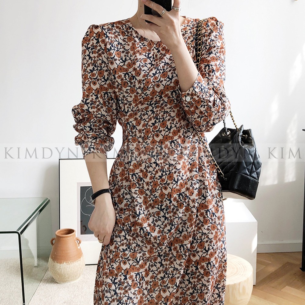 Đầm hoa nhí đầm vintage dáng dài thắt eo KimDyn [KDD03]