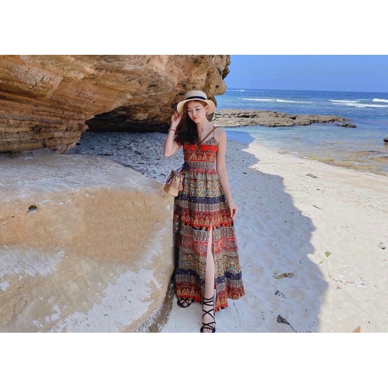 Đầm Maxi 🌺Freeship🌺 Váy maxi 2 dây đan lưng hoạ tiết xé tà đi biển sang chảnh | BigBuy360 - bigbuy360.vn