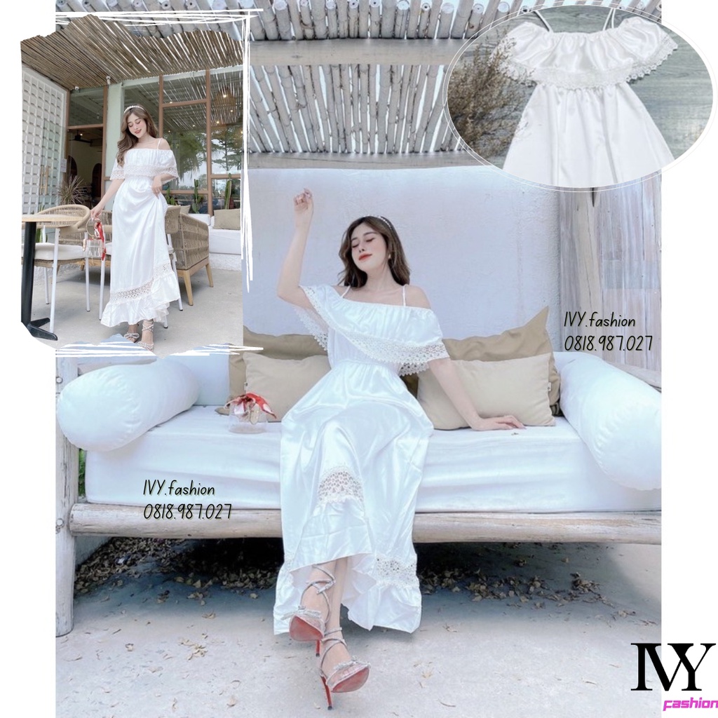 Đầm váy maxi rớt vai 💐phi thái phối ren💐 trắng trễ vai bèo ngực đuôi cá đi biển dự tiệc dạo phố bigsize gợi cảm sexy