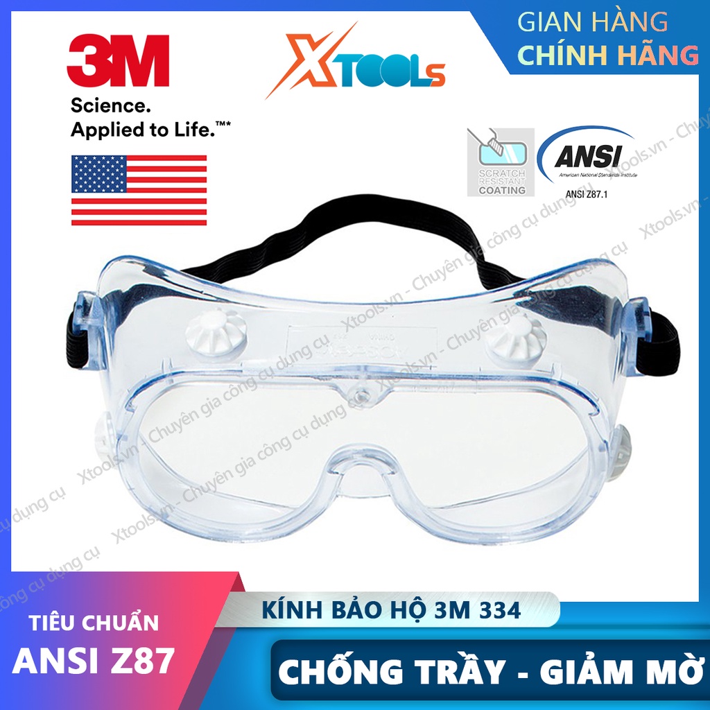 Kính bảo hộ chống hóa chất 3M 334 Kính chống chống bụi, chống văng bắn, phòng dịch dùng cho sản xuất, y tế, hóa chất