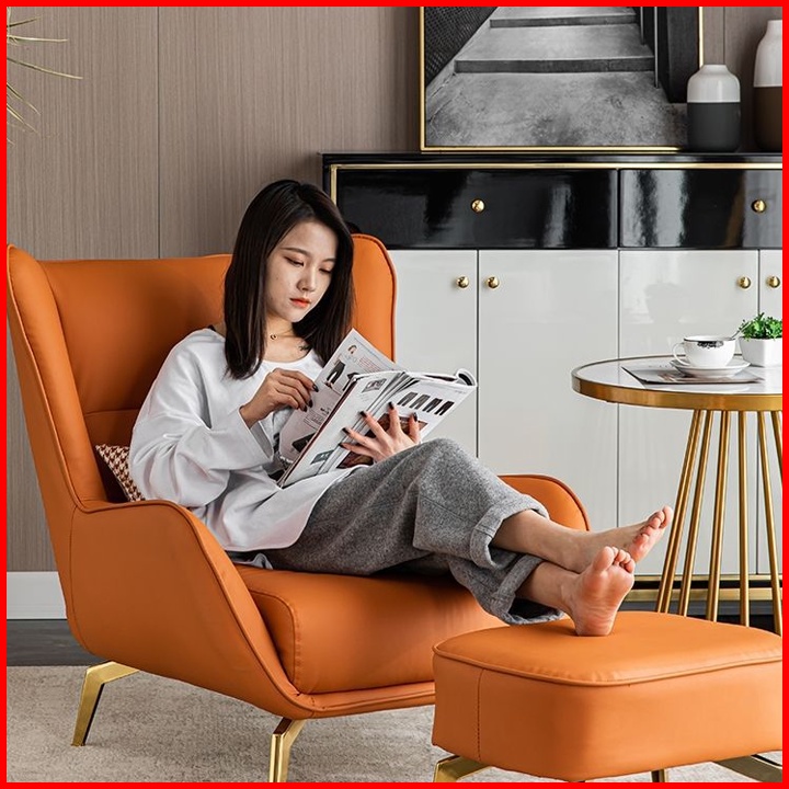 Ghế sofa đơn sofa lười kèm đôn gác chân, Ghế thư giãn đọc sách bọc da PU cao cấp