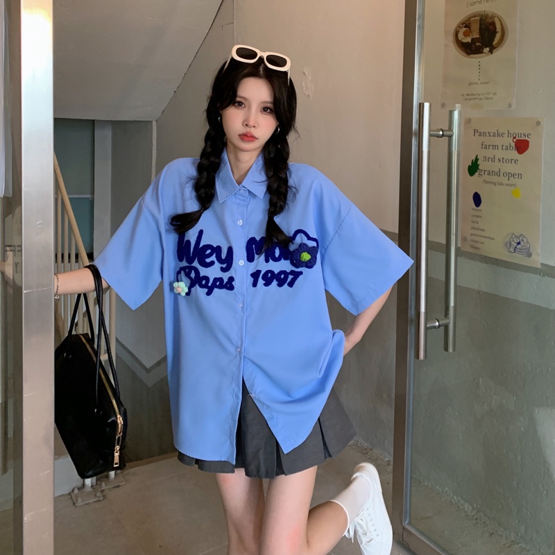 【ZHELIHANGFEI】Áo Sơ Mi Tay Dài Form Rộng Họa Tiết Thêu Theo Phong Cách Nhật Bản Dễ Phối Đồ