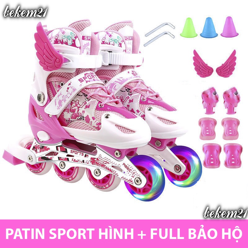 [8 BÁNH PHÁT SÁNG ]Giày Patin trẻ em Sport 2 lớp flash,khung hợp kim, tặng FULL 20 món bảo hộ và phụ kiện