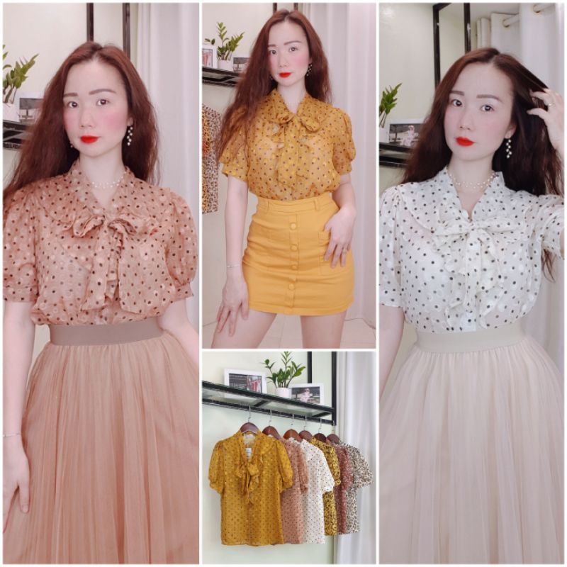 ❤Sơ mi tơ chấm bi cổ bèo thắt nơ xinh xắn❤Là hàng thiết kế may kỹ, chất tơ óng nhẹ mát mix đồ siêu xinh❤Ảnh thật👍