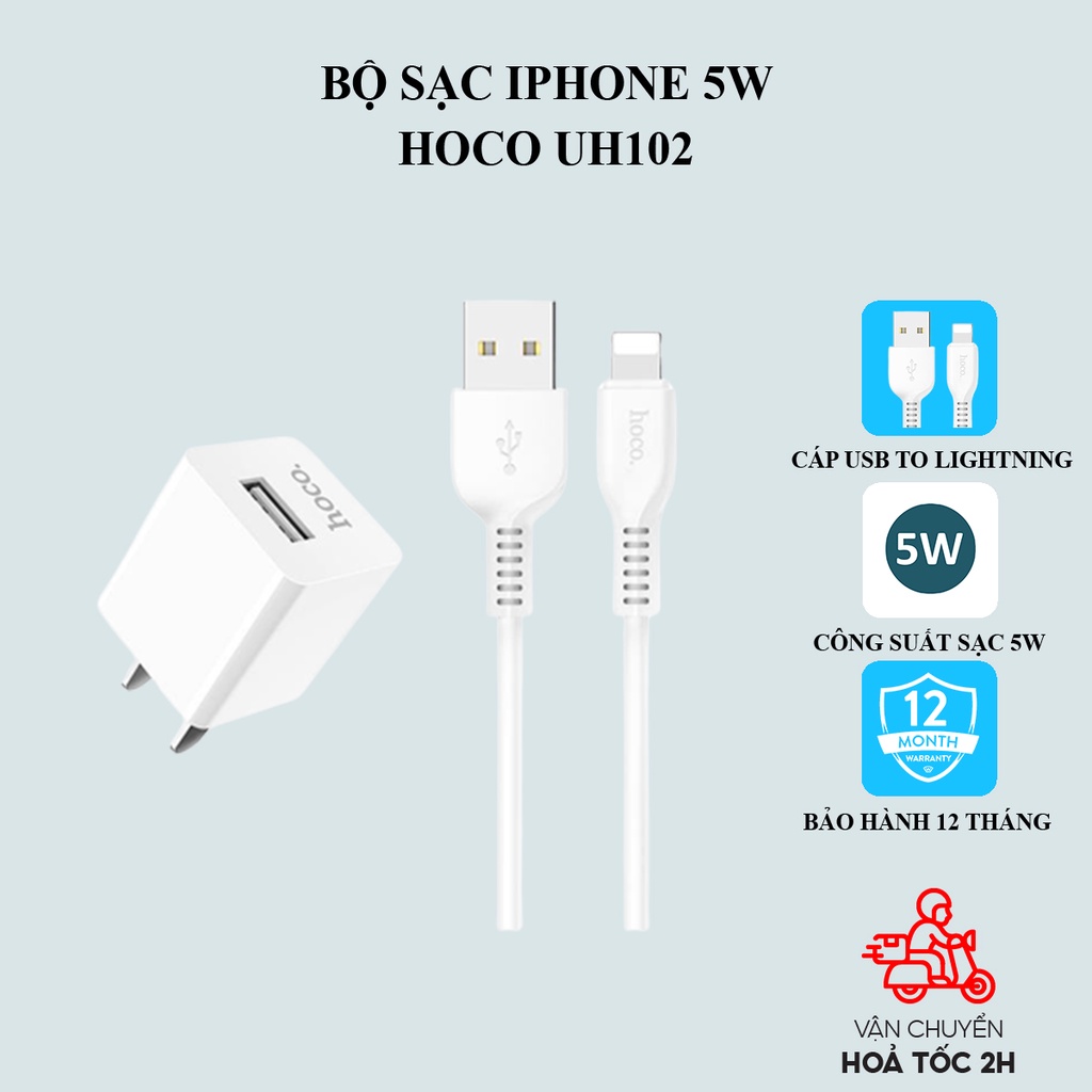 Bộ sạc iphone UH102 cho iphone 5 6 7 8 X 11 12, bộ sạc 5W gồm củ và cáp sạc - Phụ kiện HC bảo hành 12 tháng