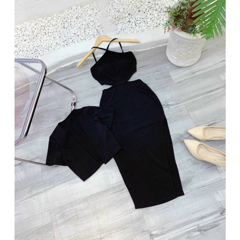 Sét đầm yếm hở chéo eo kèm áo khoác tay ngắn cực hot , chất thun gân mềm mịn ly
