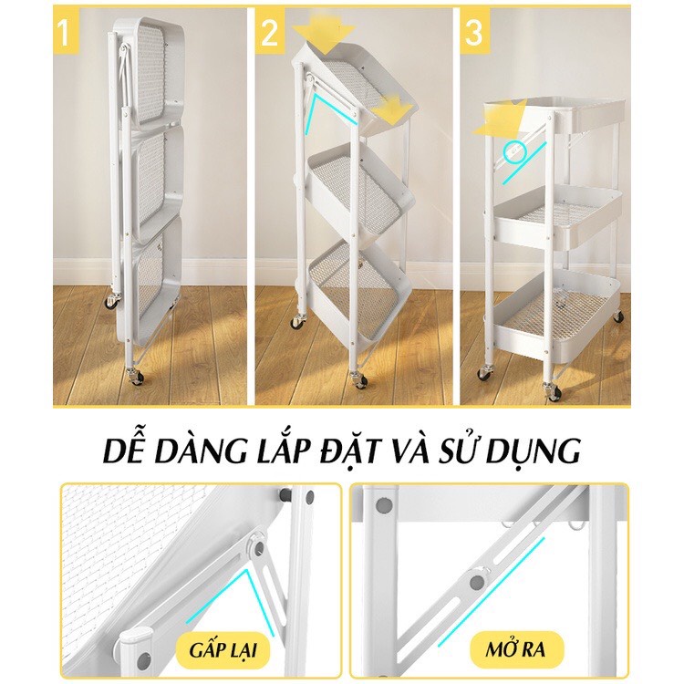 Kệ sắt 3 Tầng Đa Năng Có Bánh Xe, đựng đồ bỉm sữa cho mẹ và bé.