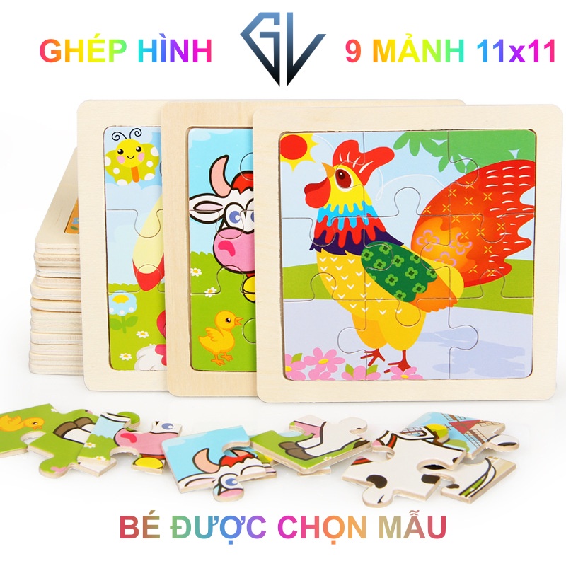 Đồ chơi xếp hình, Tranh Ghép gỗ 9 mảnh size 11x11 cho bé - Tranh ghép gỗ, ghép hình gỗ, bộ xếp hình cho bé sáng tạo