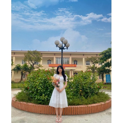 Đầm trắng voan cúc bọc tay bồng cổ vuông siêu xinh - Váy trắng cúc bọc kỉ yếu, dự tiệc dáng xòe