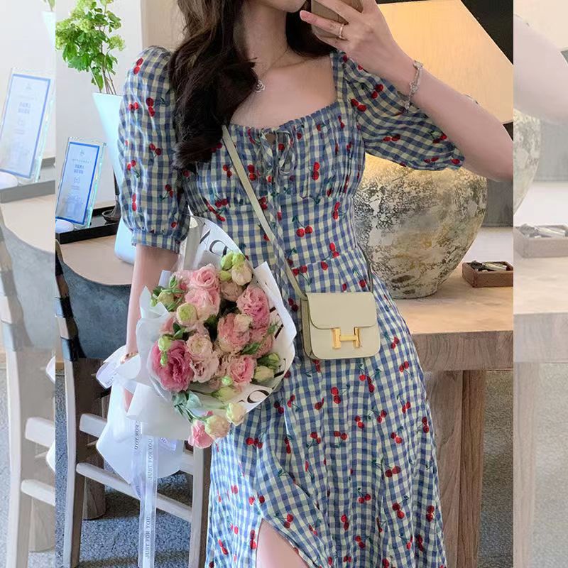 Đầm Tay Ngắn Phồng Cổ Vuông Họa Tiết Hoa Phong Cách Retro Pháp Mới Cho Nữ