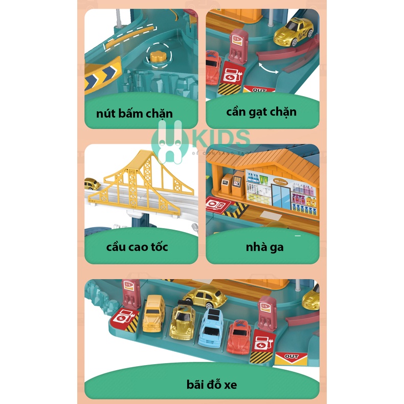 Đồ chơi đường ray ô tô chạy tự động, lắp ráp đường cao tốc cỡ lớn có nhạc đèn kèm nhiều oto cho bé trai