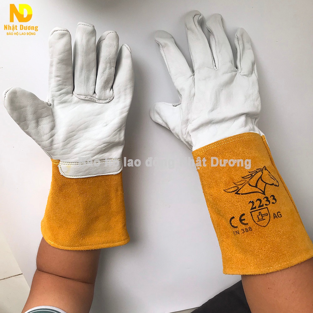 Găng tay da hàn tig ngựa trắng vàng 2233 da nguyên tấm trên trong găng tay lót cotton - Nsafe