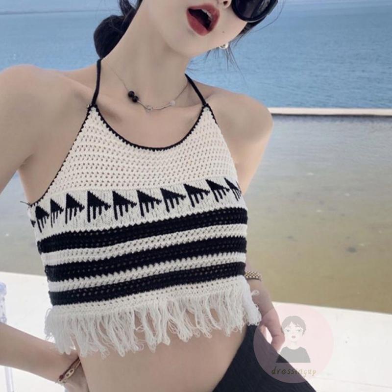 Áo Tank Top Hai Dây Hở Lưng Họa Tiết Kẻ Sọc Phối Tua Rua Cho Nữ