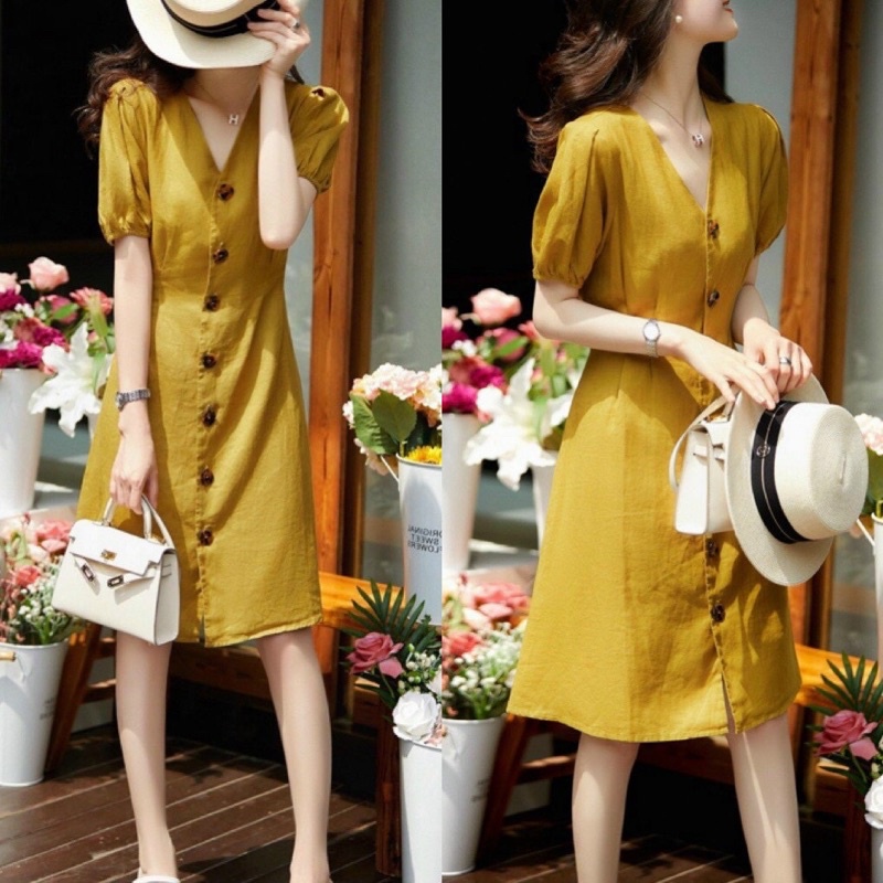 Đầm xoè công sở vàng phối nút nhẹ nhàng TRIPBLE T DRESS - size M/L/XL