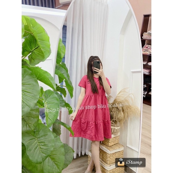 Váy bầu cotton mùa hè, dáng xòe tầng cho mẹ bầu, thêu họa tiết nốt nhạc