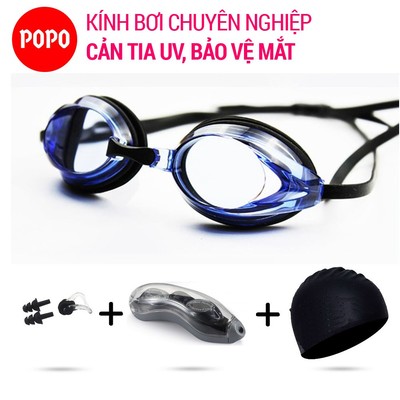 Kính bơi cho người lớn POPO 1154 kèm mũ bơi, bịt tai kẹp mũi, mắt kính trong cản tia UV