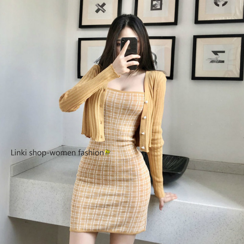 Bộ áo khoác cardigan tay dài + đầm 2 dây dáng ôm quyến rũ cho nữ