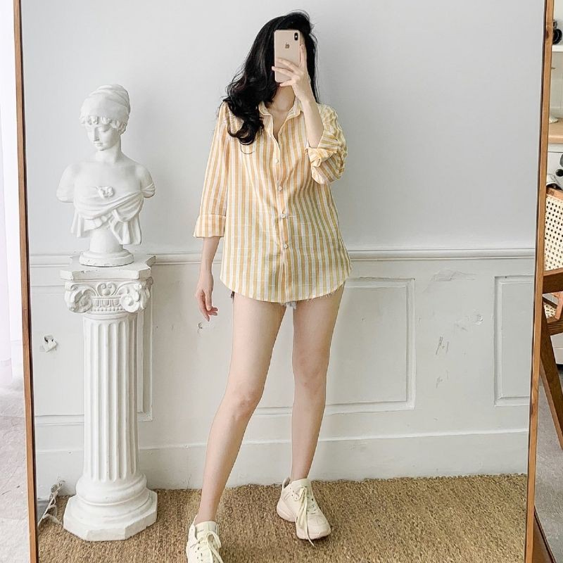 Áo sơ mi kẻ sọc nữ retro form rộng phong cách công sở nhiều màu cực đẹp 2202
