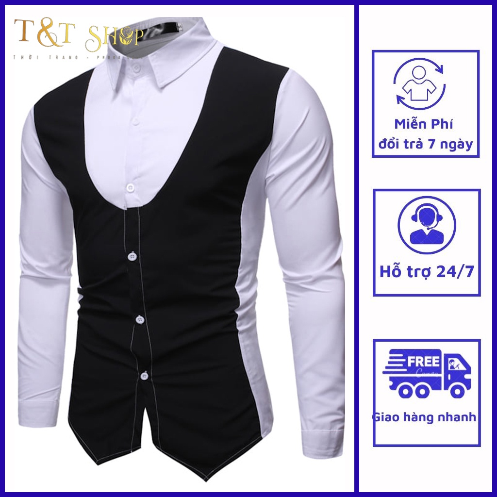 Áo sơ mi , Áo Sơ Mi Nam Mẫu phối Gile độc và lạ, chất liệu mềm, mịn, không nhăn, hàng đặt may tại xưởng. mã hàng H13