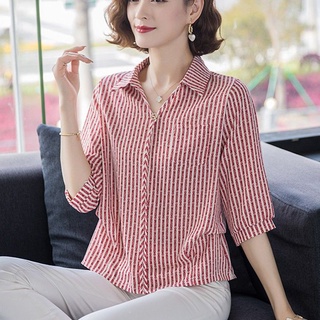 Áo sơ mi chiffon tay dài họa tiết kẻ sọc thời trang cho phụ nữ trung niên
