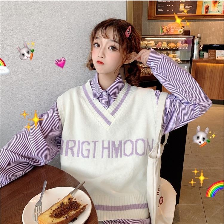 Set áo sơ mi dài tay và áo khoác len không tay thời trang dành cho nữ