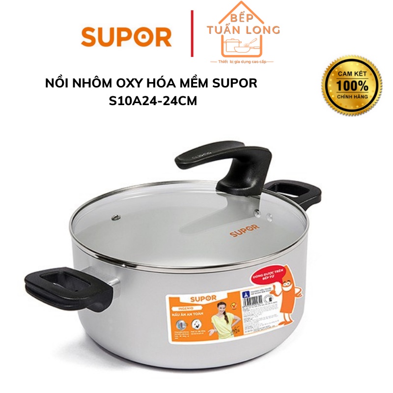 Nồi nấu canh oxi hoá mềm supor S10A24 đường kính 24cm nắp kinh trong dày dặn, quai cầm chắc chắn