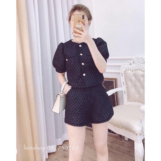 Set áo dạ xốp quần đùi viền đơm cúc ngọc cực hót