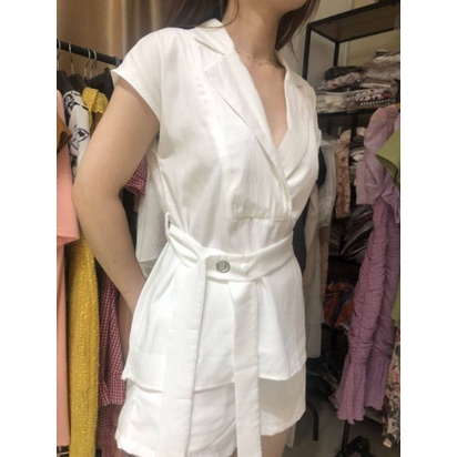 Sét áo sơ mi ngắn tay cổ chữ K cột nơ kèm short xinh_S321
