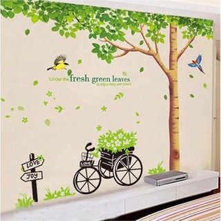 Decal dán tường Combo Cây bóng mát 1 + Xe đạp xanh