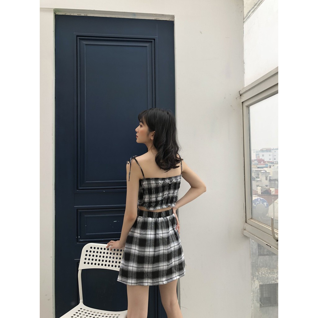 (có lót ngực) SET ÁO KẺ CARO BUỘC NƠ CROPTOP PHỐI CHÂN VÁY CARO CHỮ A HOT | BigBuy360 - bigbuy360.vn