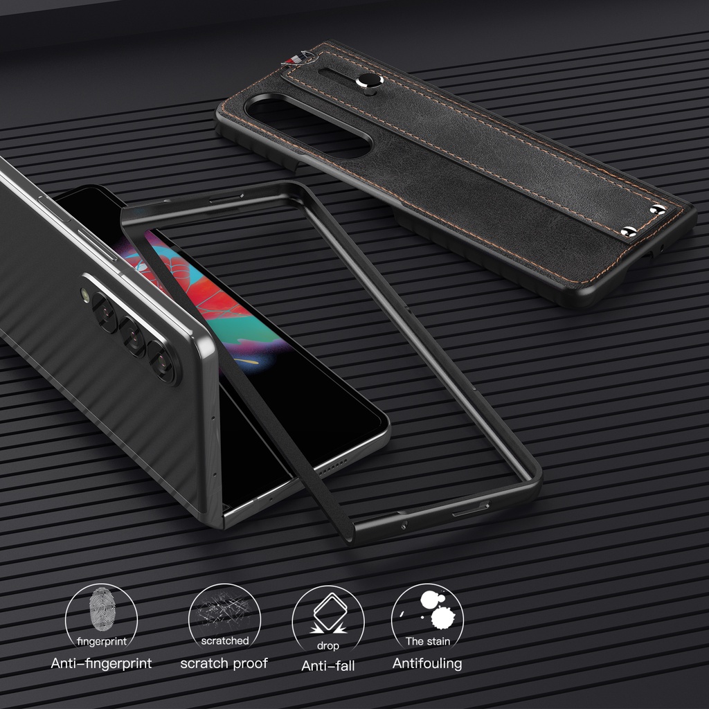 Ốp điện thoại da siêu nhẹ chống sốc có dây đeo tay cho Samsung Galaxy Z Fold 3 5G