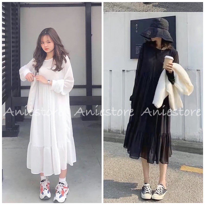 Đầm Midi Trắng Viền Tầng Dài Tay 2 Màu | BigBuy360 - bigbuy360.vn