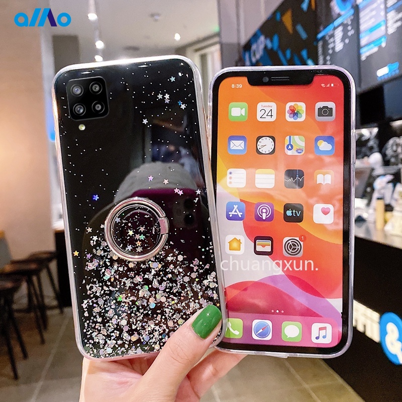 Ốp điện thoại TPU dẻo đính đá lấp lánh có nhẫn giá đỡ cho Samsung Galaxy A22 A05 A52 A72 A32 A42 A02 M02 A02S A12 4g 5g