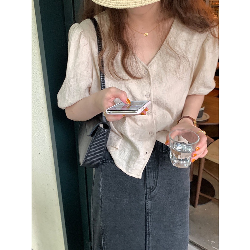 Áo sơ mi tay phồng cổ chữ V dáng rộng phong cách pháp cho nữ