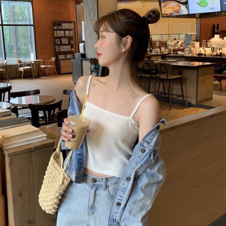 Áo Hai Dây Mỏng Màu Trắng/Đen Ôm Dáng Gợi Cảm Dễ Phối Đồ Cho Nữ