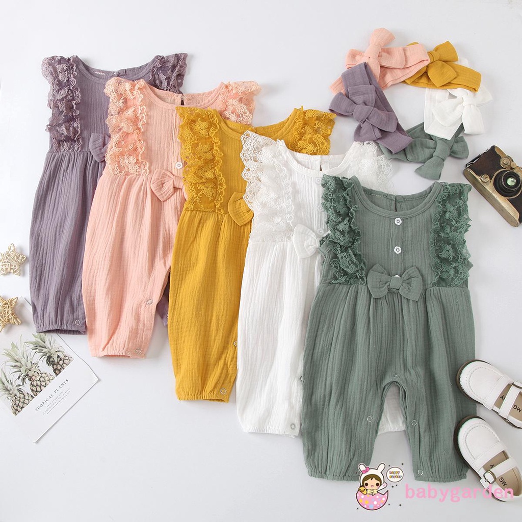 Bộ áo liền quần cổ tròn sát nách ren hoa kèm băng đô cho bé gái